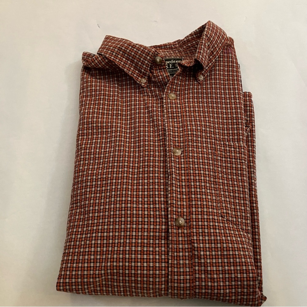 U S EXPEDITION Large Orange Plaid Men’s Casual Short Sleeve Button Down Shirt
